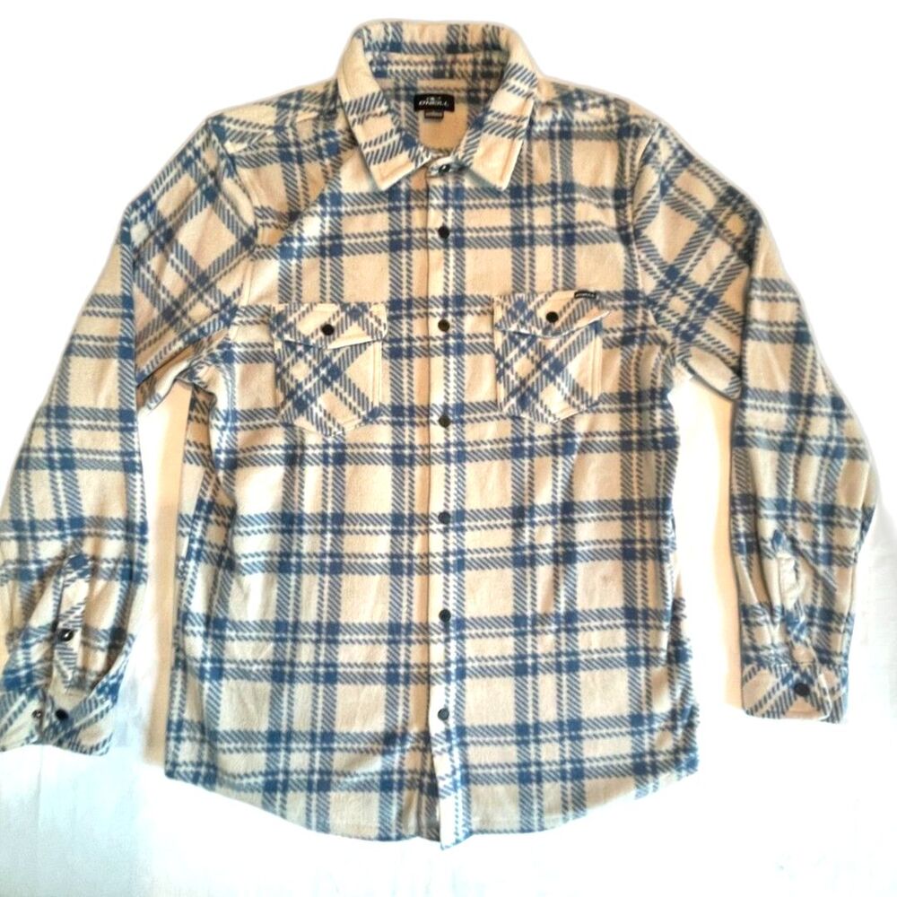 O'Niell Plaid Fleece Soft Snap Men's Warm Shirt Blue & Cream Size L